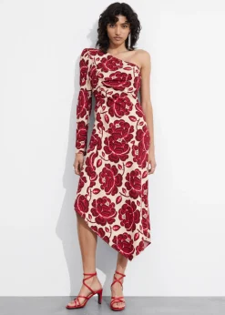 & Other Stories Dresses | Asymmetric One-Shoulder Midi Dress Red Florals