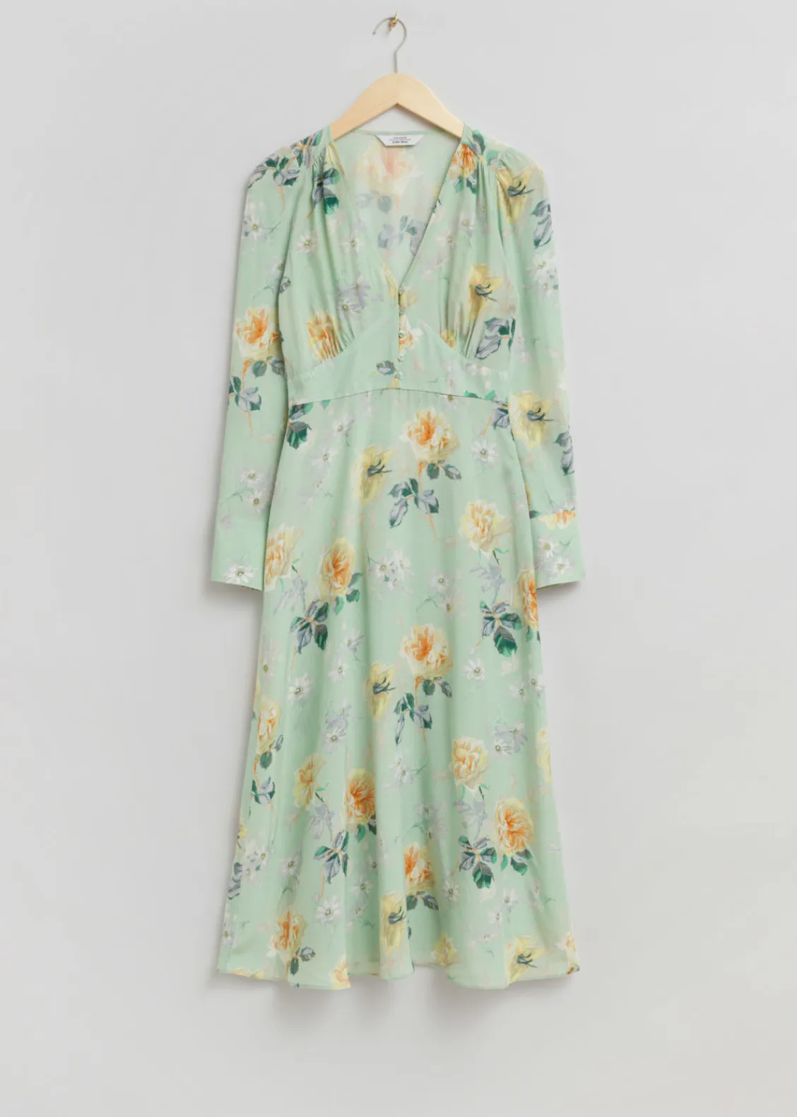 & Other Stories Dresses | Buttoned V-Cut Midi Dress Light Green Floral Print
