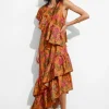& Other Stories Dresses | Cascading Ruffle Midi Dress Orange Print