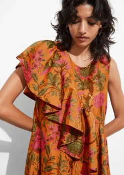 & Other Stories Dresses | Cascading Ruffle Midi Dress Orange Print