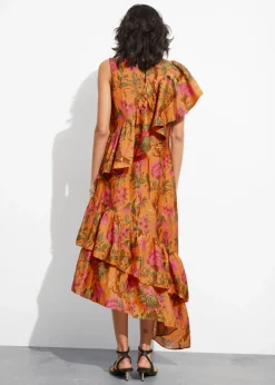 & Other Stories Dresses | Cascading Ruffle Midi Dress Orange Print