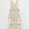 & Other Stories Dresses | Embellished Gathered Tulle Dress Light Beige Floral Embroidery