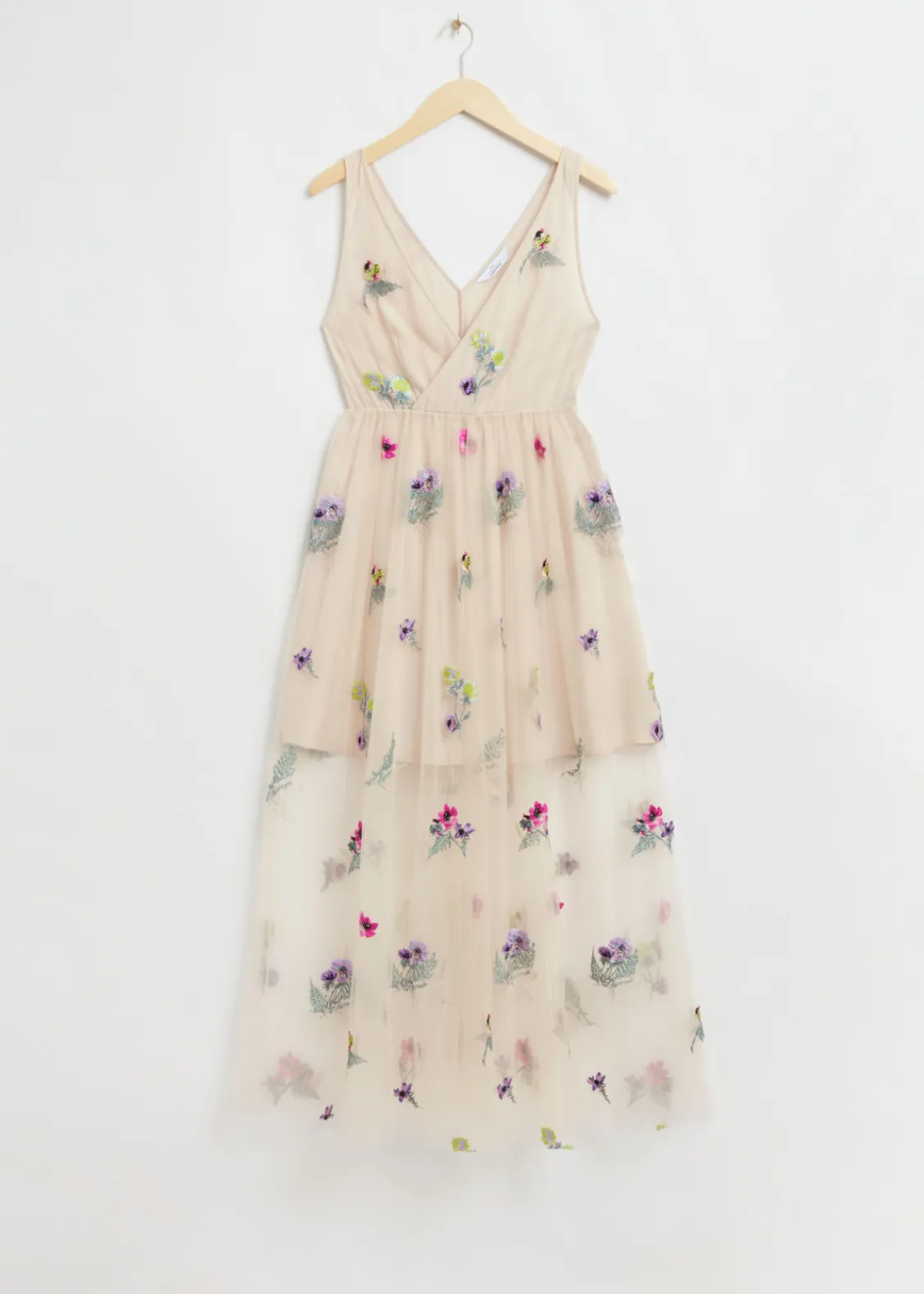 & Other Stories Dresses | Embellished Gathered Tulle Dress Light Beige Floral Embroidery