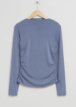 & Other Stories Tops | Fitted Boat Neck Ruched Top Dark Blue